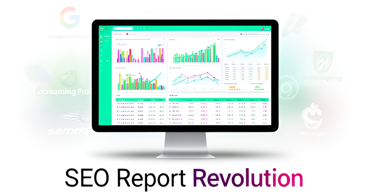 A computer screen displaying an SEO report dashboard with data visualizations and tool icons.